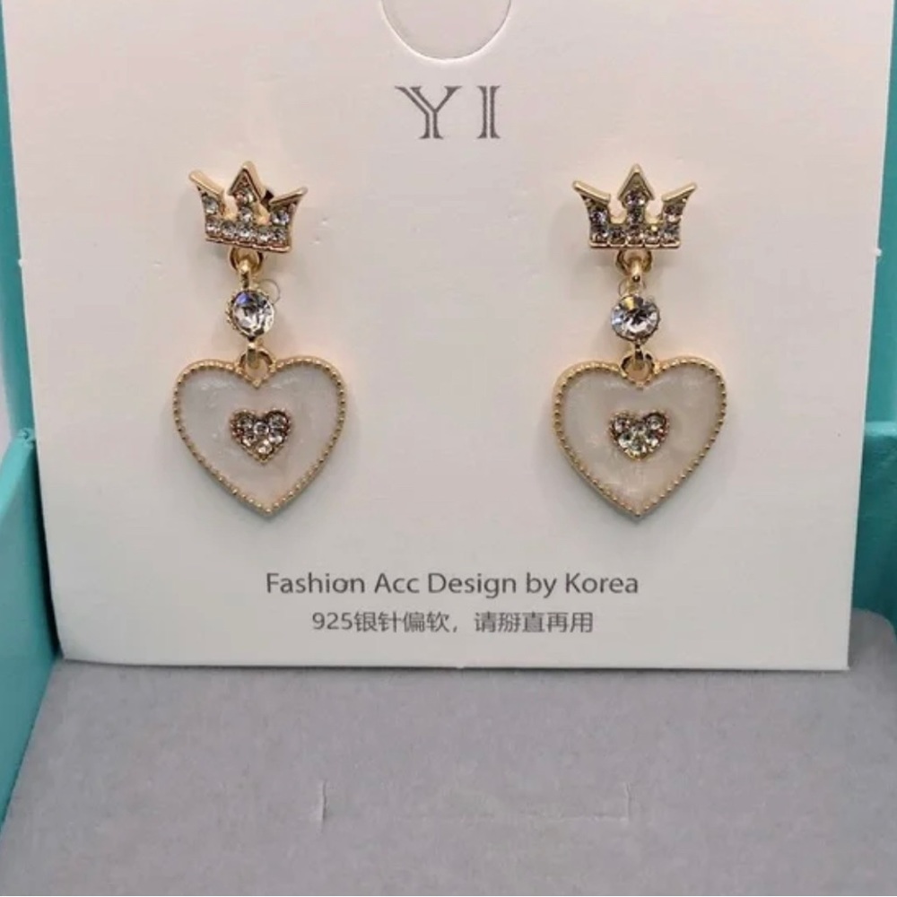 Crown Stud Inlay Fossil Heart Drop Earrings